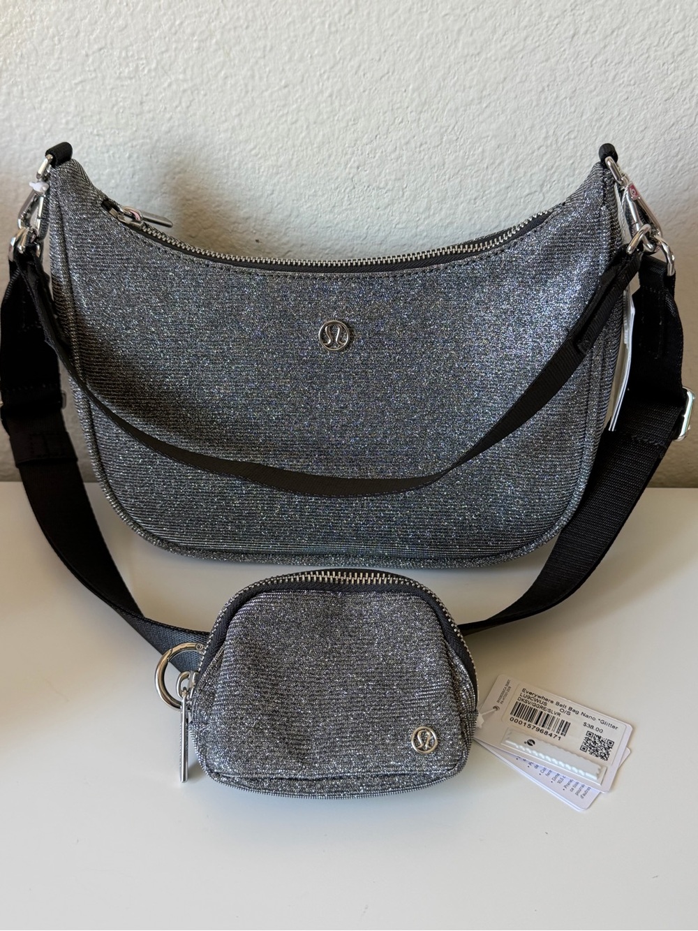 lululemon athletica Silver Glitter Shoulder Bag with Mini Pouch